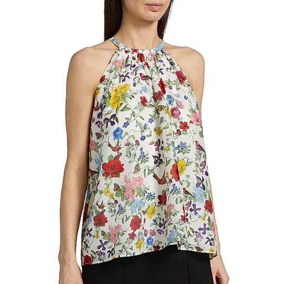 Alice + Olivia 'Erna' Cotton-Silk Bird/Floral Print Sleeveless Halter Top, Multi - Picture 3 of 5